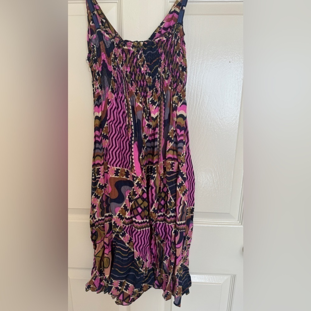 Y2K Planet Gold Boho Mini Dress S Pink Blue Geometric Babydoll Festival - Picture 2 of 4